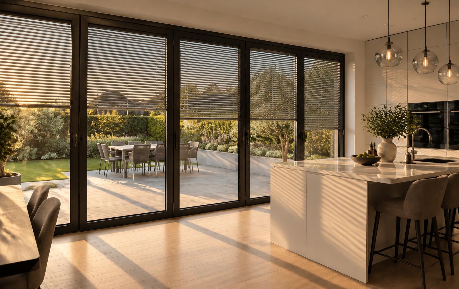Aluminium bifold doors with integral blinds sealed inside the glass in an Essex kitchen extension